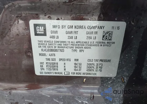 2016 Buick Encore Leather z USA, uszkodzony, nr VIN KL4CJGSB0GB577623